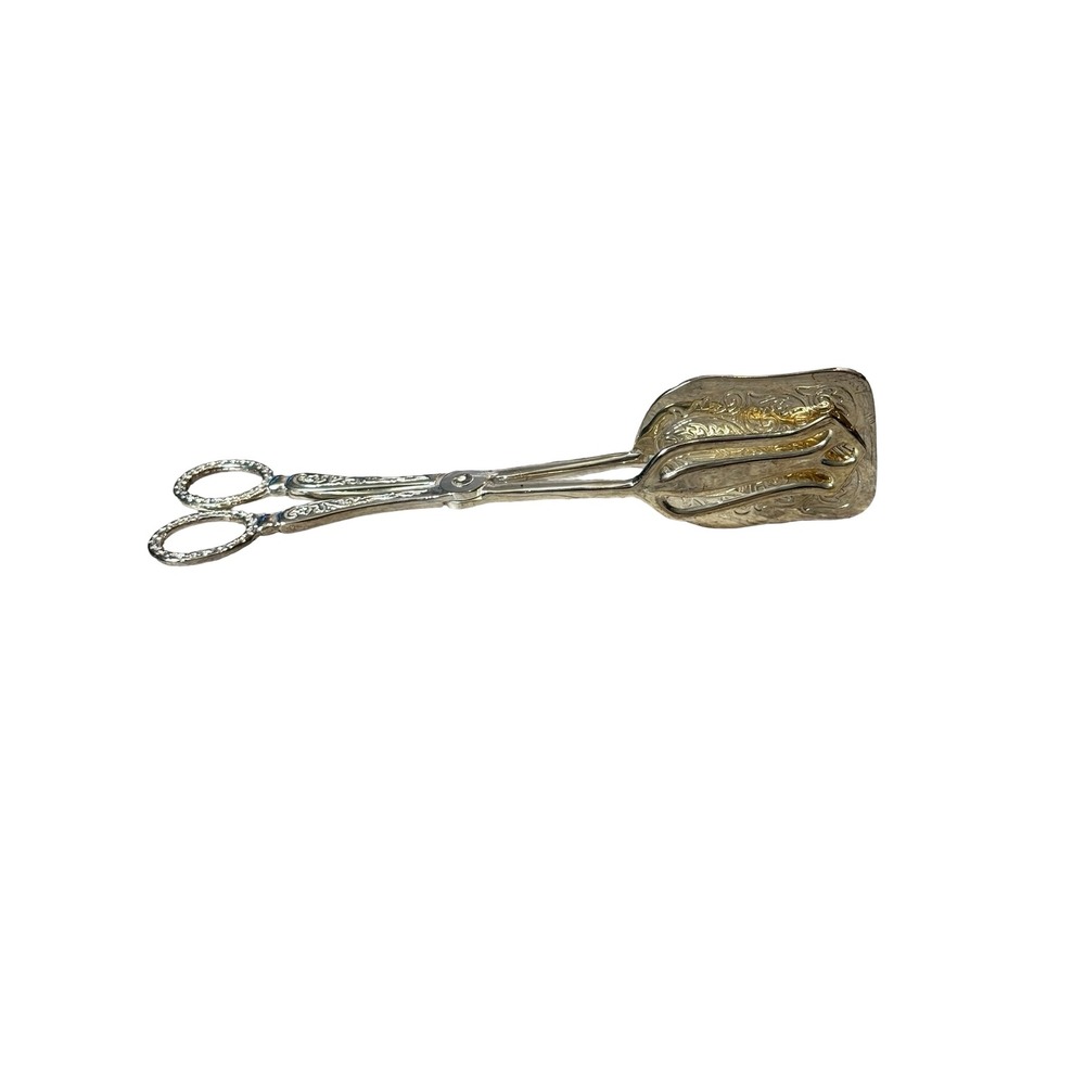 Vintage Ornate Silver Tone Scissor Style Pastry Serving Tongs 8.5 Inch